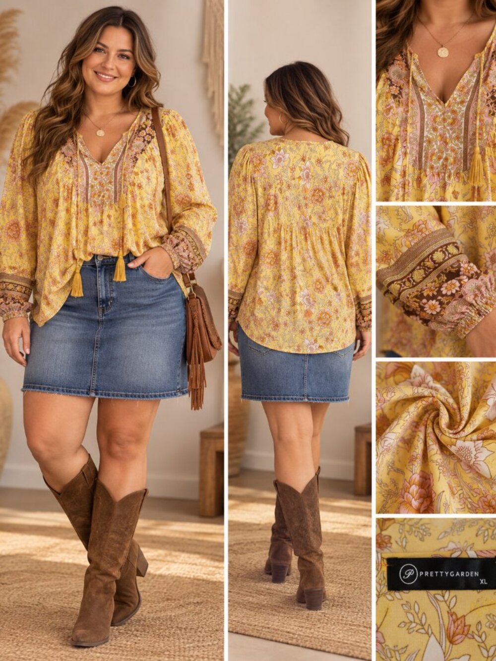 Prettygarden Yellow Floral Boho Peasant Blouse XL V Neck Tassel Tie Top